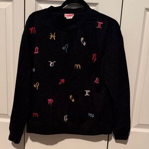 kate spade Black Sparkle Crewneck Sweater with Colorful Zodiac Embroidery